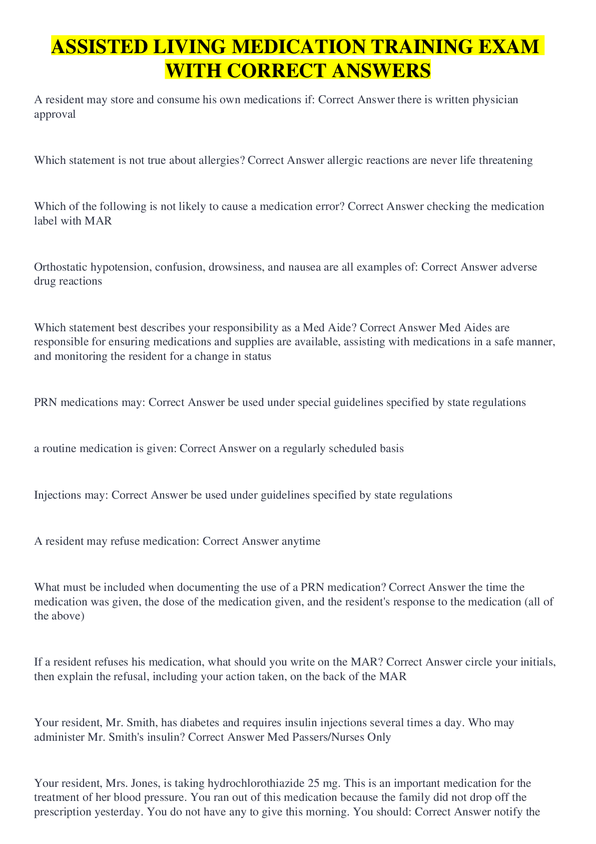 Preview of ASSISTED LIVING MEDICATION TRAINING EXAM WITH CORRECT ANSWERS
